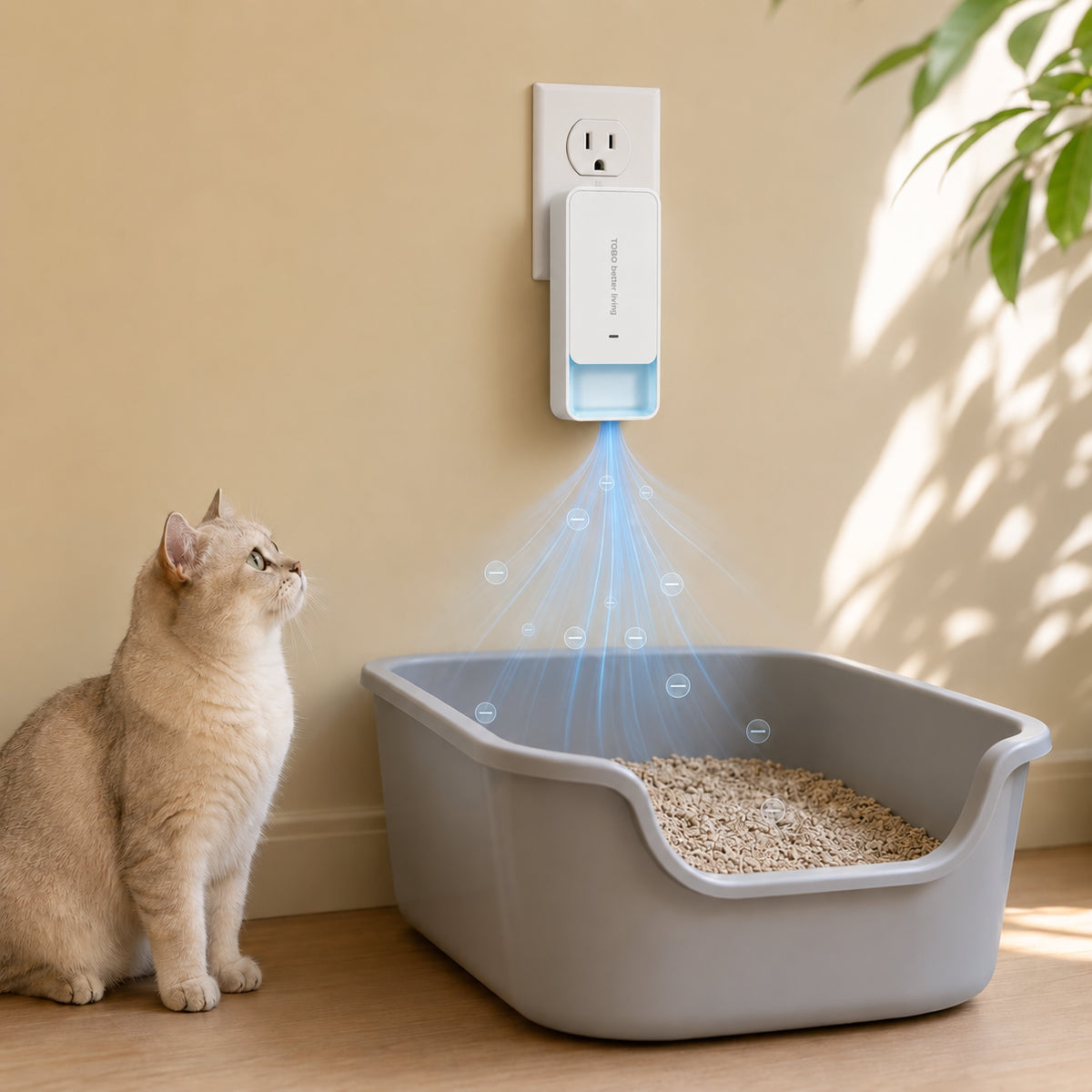 Domkaka negative ion air purifier beside a cat litter box